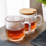 premium classical ribbed glassware tea latte cup water tumbler vertical stripe glass clear coffee mug with bamboo lid