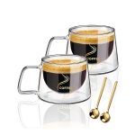 custom logo reusable 6oz double wall glass coffee cups with handle and lid for tea beverage