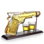 Whiskey Gun Decanter with Gun Shaped Shot Glasses on Mahogany Tray Whiskey set