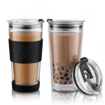 Double Wall Glass Tumbler To Go,Reusable Coffee & Tea Cup, 12oz Insulated, Clear Travel Mug with Anti-Splash Silicone Lid