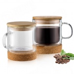 Eco friendly Hot sale 200ml Double Wall Glass Coffee and Tea Mug With Bamboo Lid and Crock Base