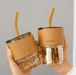 Slub Cup Portable Heat resistant High temperature Tumbler with lid and leather cover Insulation Straw cup coffee drink