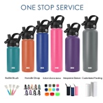 Customized 3 Lids Stainless Steel Vacuum Flask Water Bottle Insulated 32oz Wide Mouth Sports Bottle