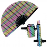 Holographic Iridescent Reflective Bamboo Large Hand Folding Fan Party Loud Rave Handheld Fan Foldable with holster bag