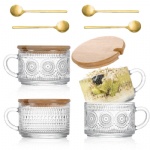 4pcs Set Cute 14oz Clear Embossed Glass Cups Vintage Iced Coffee Mugs Overnight Oats Containers with Bamboo Lids and Spoons