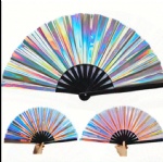 Custom 33cm bamboo crafts custom printed large folding rave fans fholographic hand held festival wedding party clack fan