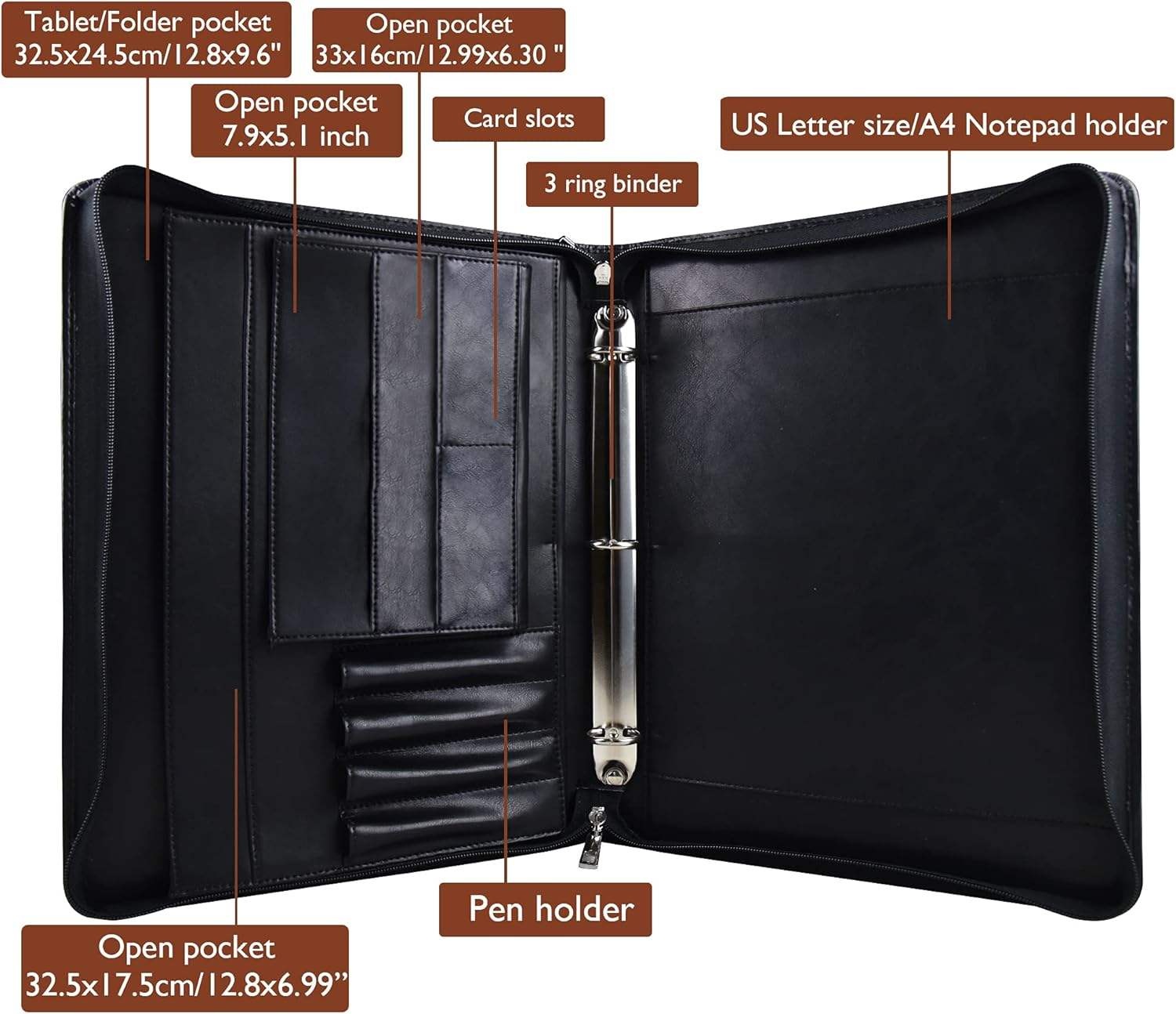 Custom Logo Leather Padfolio3 Ring Binder With Zipper Portfolio Organizer Folder For A4 Letter Notepad Custom Logo Leather Padfolio3 Ring Binder With Zipper Portfolio Organizer Folder For A4 Letter Notepad